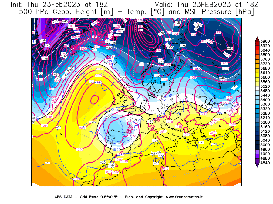 Mappa di analisi GFS - Geopotenziale [m] + Temp. [°C] a 500 hPa + Press. a livello del mare [hPa] in Europa
							del 23/02/2023 18 <!--googleoff: index-->UTC<!--googleon: index-->