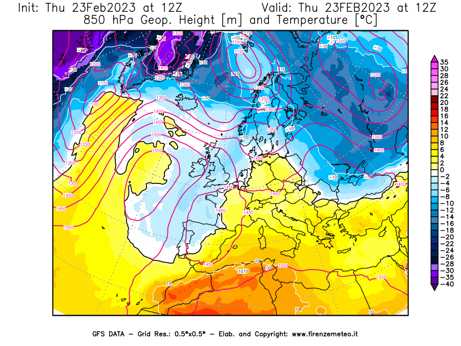 Mappa di analisi GFS - Geopotenziale [m] e Temperatura [°C] a 850 hPa in Europa
							del 23/02/2023 12 <!--googleoff: index-->UTC<!--googleon: index-->