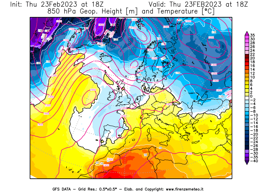 Mappa di analisi GFS - Geopotenziale [m] e Temperatura [°C] a 850 hPa in Europa
							del 23/02/2023 18 <!--googleoff: index-->UTC<!--googleon: index-->