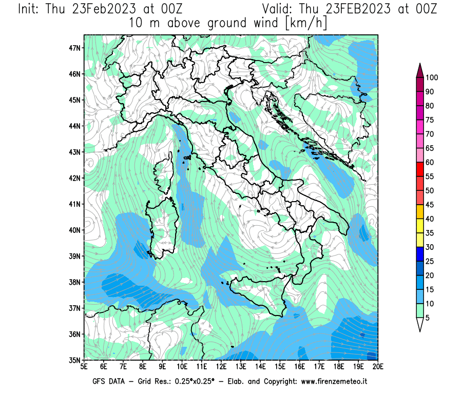 Mappa di analisi GFS - Velocità del vento a 10 metri dal suolo [km/h] in Italia
							del 23/02/2023 00 <!--googleoff: index-->UTC<!--googleon: index-->