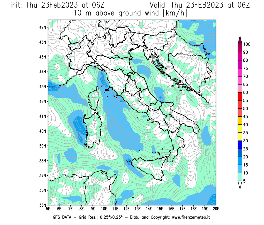 Mappa di analisi GFS - Velocità del vento a 10 metri dal suolo [km/h] in Italia
							del 23/02/2023 06 <!--googleoff: index-->UTC<!--googleon: index-->