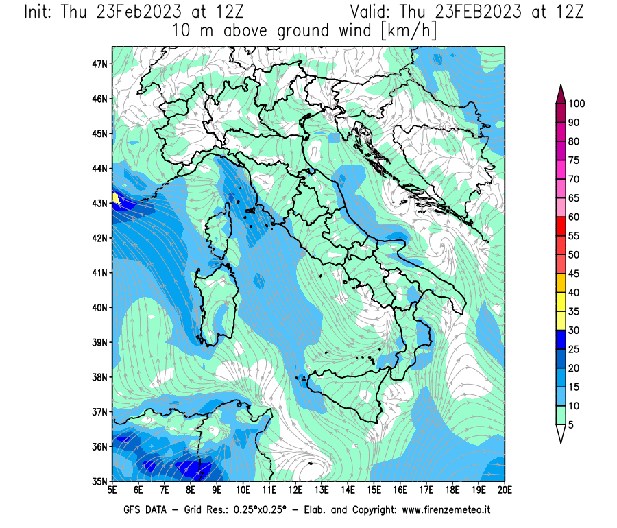 Mappa di analisi GFS - Velocità del vento a 10 metri dal suolo [km/h] in Italia
							del 23/02/2023 12 <!--googleoff: index-->UTC<!--googleon: index-->