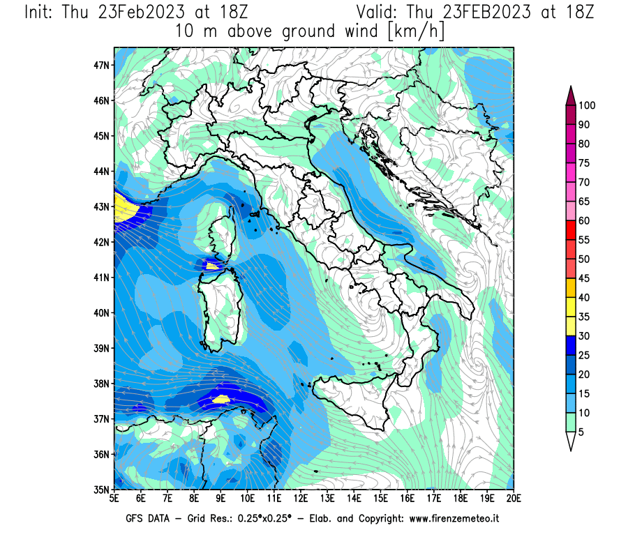 Mappa di analisi GFS - Velocità del vento a 10 metri dal suolo [km/h] in Italia
							del 23/02/2023 18 <!--googleoff: index-->UTC<!--googleon: index-->