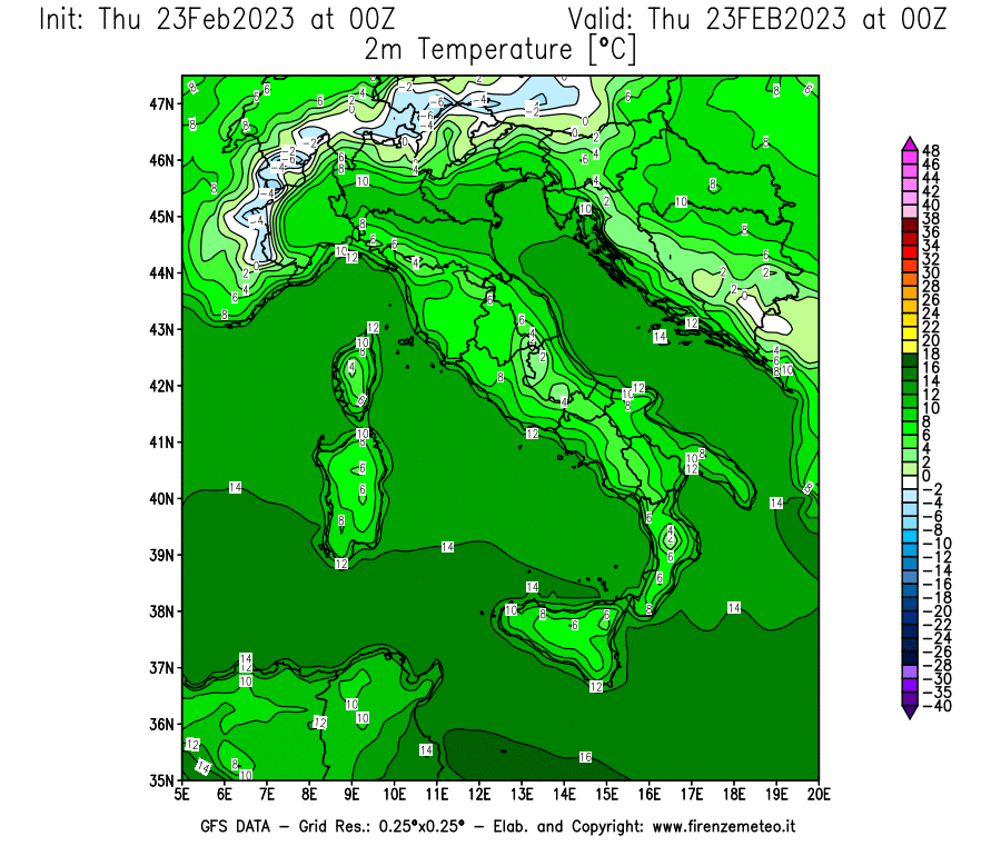 Mappa di analisi GFS - Temperatura a 2 metri dal suolo [°C] in Italia
							del 23/02/2023 00 <!--googleoff: index-->UTC<!--googleon: index-->