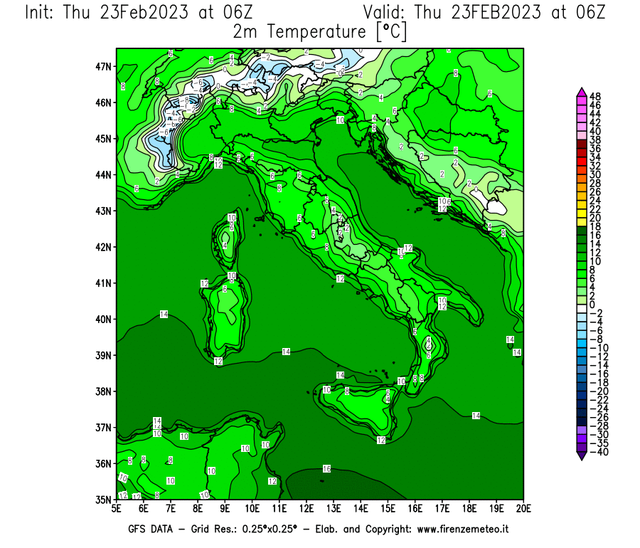 Mappa di analisi GFS - Temperatura a 2 metri dal suolo [°C] in Italia
							del 23/02/2023 06 <!--googleoff: index-->UTC<!--googleon: index-->