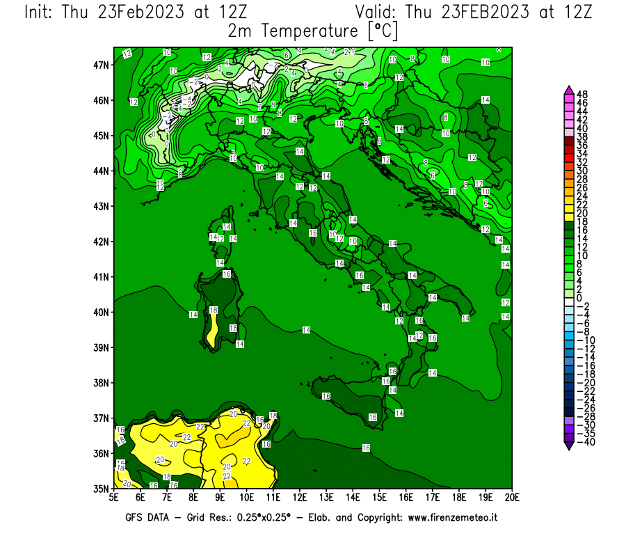 Mappa di analisi GFS - Temperatura a 2 metri dal suolo [°C] in Italia
							del 23/02/2023 12 <!--googleoff: index-->UTC<!--googleon: index-->