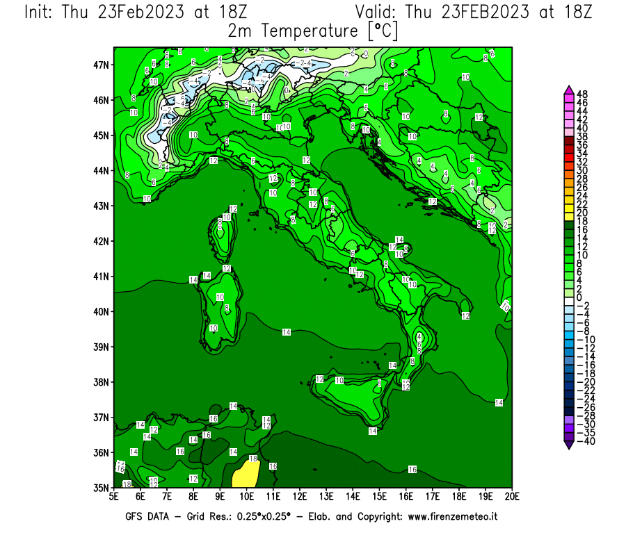 Mappa di analisi GFS - Temperatura a 2 metri dal suolo [°C] in Italia
							del 23/02/2023 18 <!--googleoff: index-->UTC<!--googleon: index-->