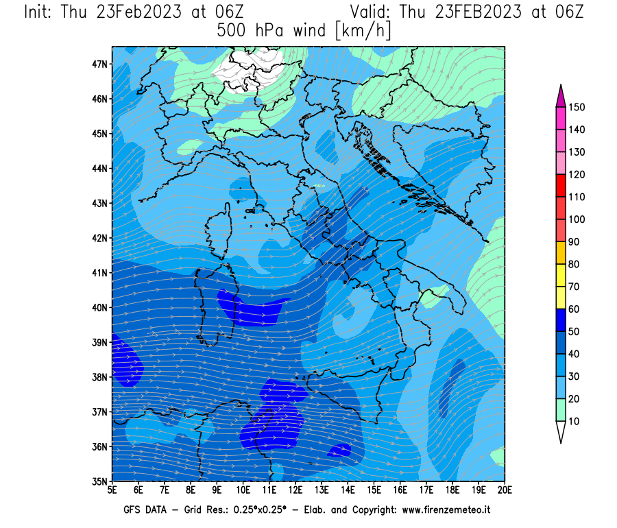 Mappa di analisi GFS - Velocità del vento a 500 hPa [km/h] in Italia
							del 23/02/2023 06 <!--googleoff: index-->UTC<!--googleon: index-->