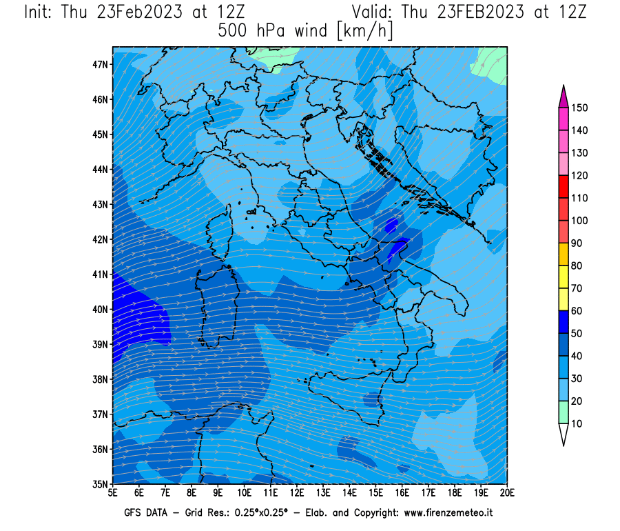 Mappa di analisi GFS - Velocità del vento a 500 hPa [km/h] in Italia
							del 23/02/2023 12 <!--googleoff: index-->UTC<!--googleon: index-->