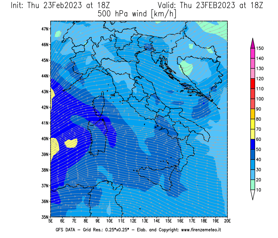 Mappa di analisi GFS - Velocità del vento a 500 hPa [km/h] in Italia
							del 23/02/2023 18 <!--googleoff: index-->UTC<!--googleon: index-->