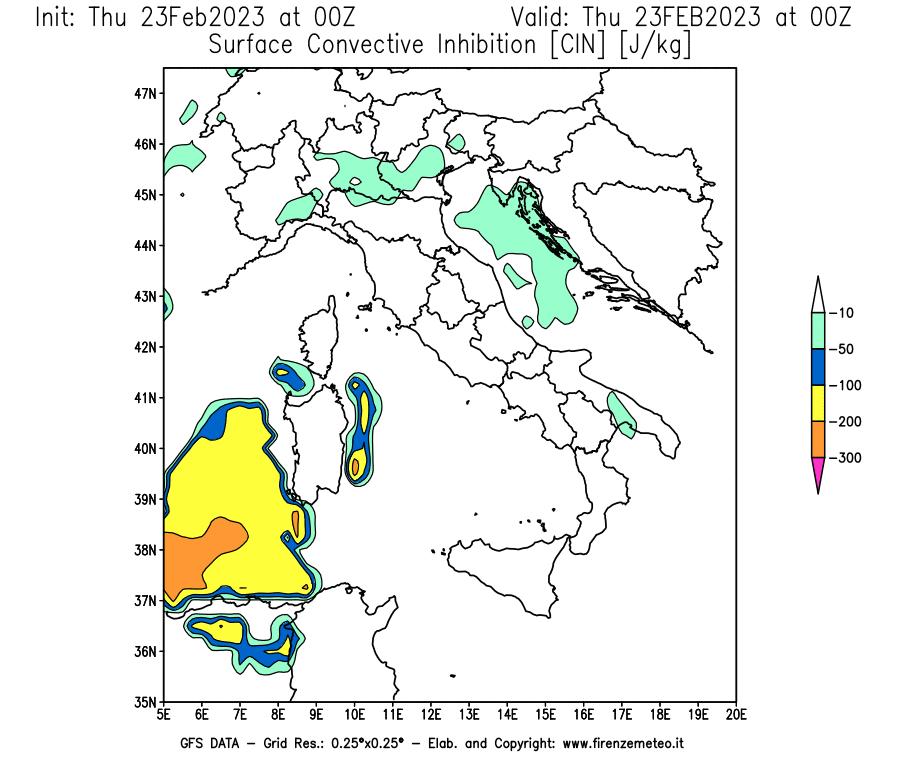Mappa di analisi GFS - CIN [J/kg] in Italia
							del 23/02/2023 00 <!--googleoff: index-->UTC<!--googleon: index-->