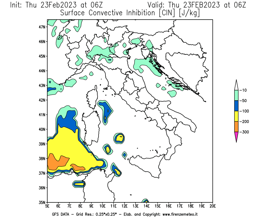 Mappa di analisi GFS - CIN [J/kg] in Italia
							del 23/02/2023 06 <!--googleoff: index-->UTC<!--googleon: index-->