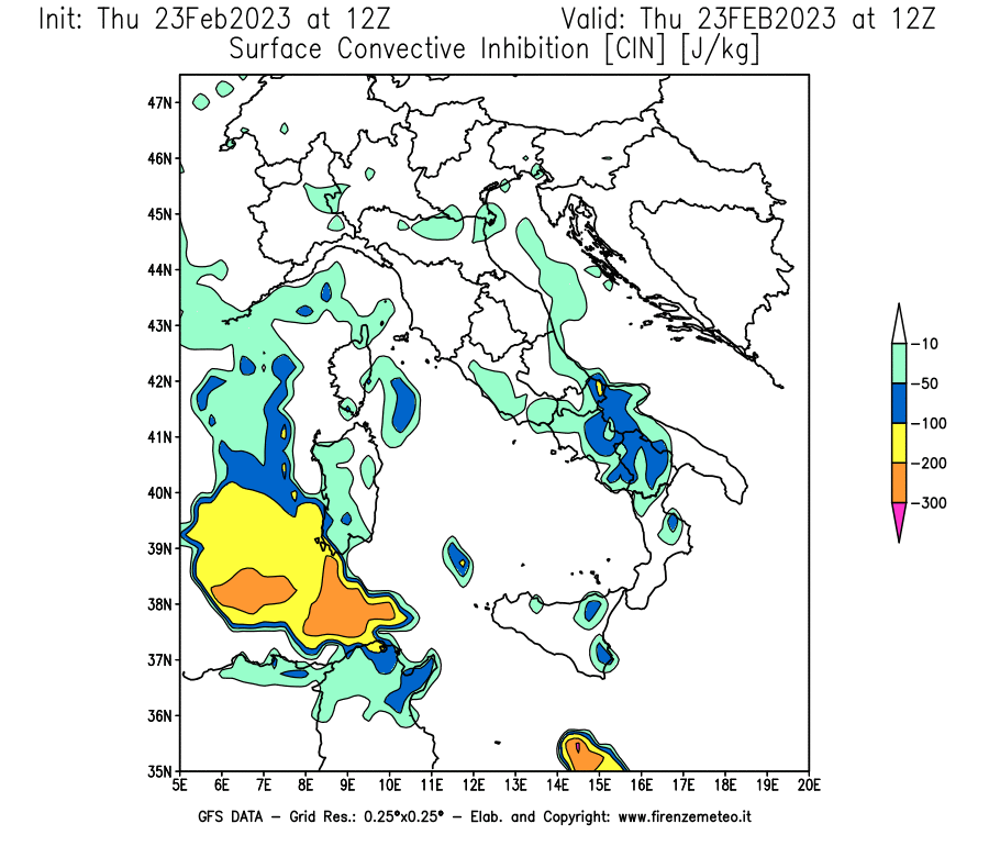 Mappa di analisi GFS - CIN [J/kg] in Italia
							del 23/02/2023 12 <!--googleoff: index-->UTC<!--googleon: index-->