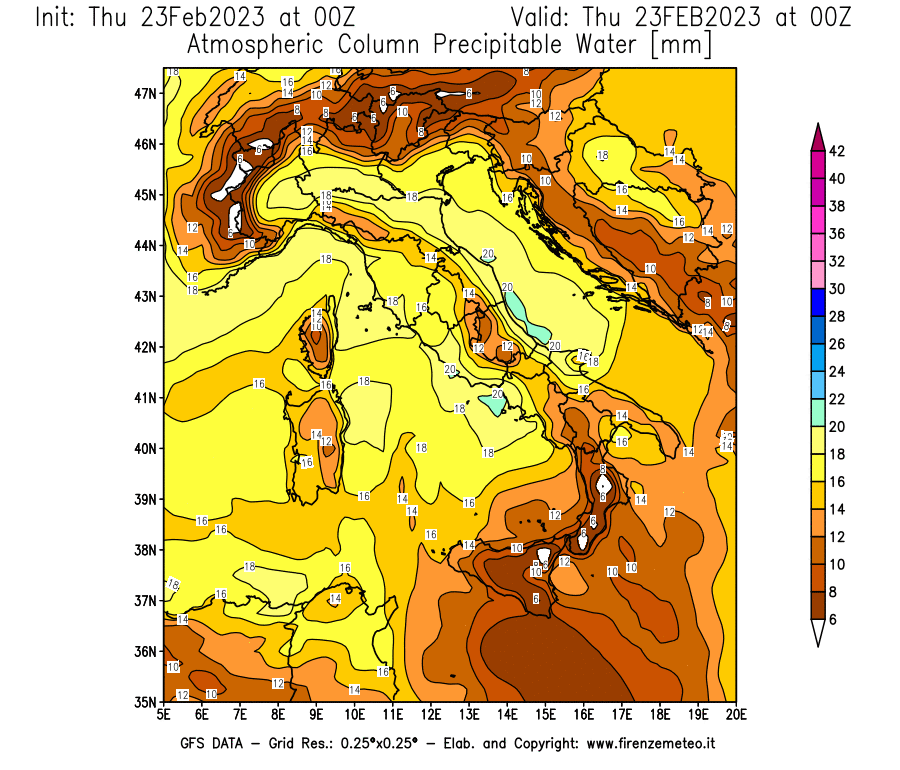 Mappa di analisi GFS - Precipitable Water [mm] in Italia
							del 23/02/2023 00 <!--googleoff: index-->UTC<!--googleon: index-->