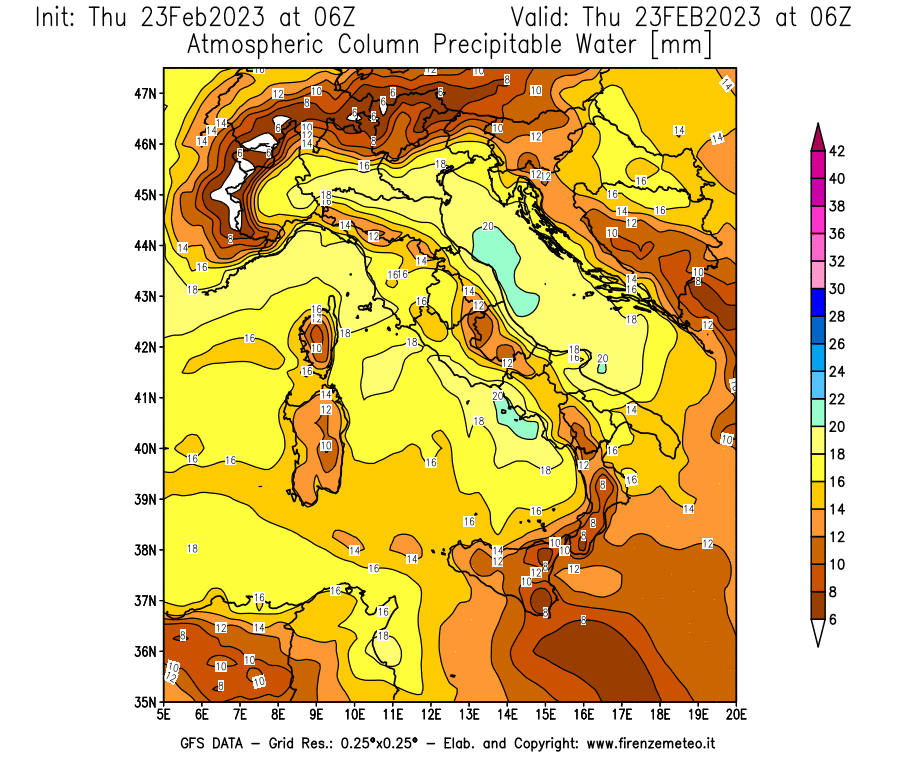 Mappa di analisi GFS - Precipitable Water [mm] in Italia
							del 23/02/2023 06 <!--googleoff: index-->UTC<!--googleon: index-->