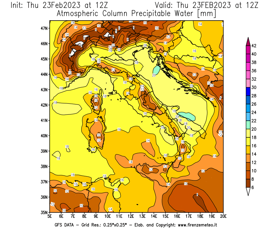 Mappa di analisi GFS - Precipitable Water [mm] in Italia
							del 23/02/2023 12 <!--googleoff: index-->UTC<!--googleon: index-->