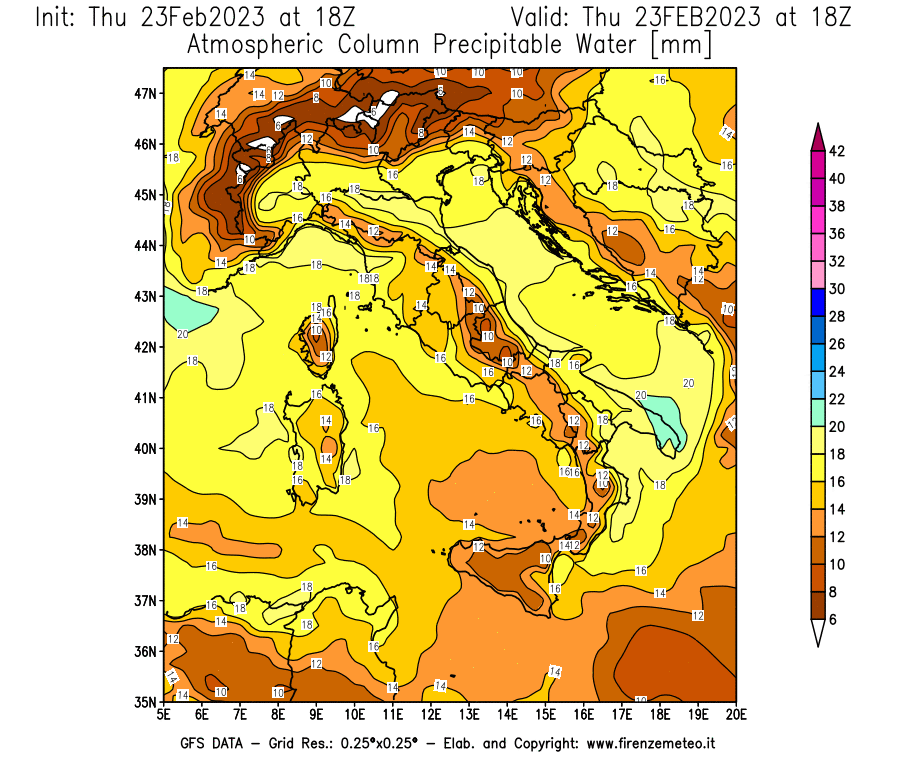 Mappa di analisi GFS - Precipitable Water [mm] in Italia
							del 23/02/2023 18 <!--googleoff: index-->UTC<!--googleon: index-->