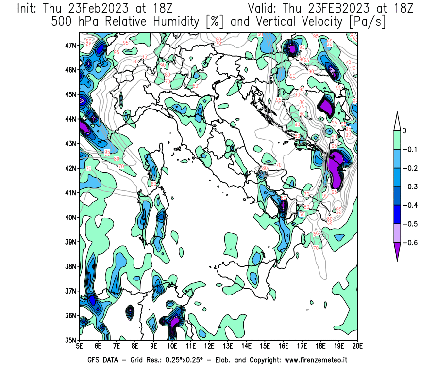 Mappa di analisi GFS - Umidità relativa [%] e Omega [Pa/s] a 500 hPa in Italia
							del 23/02/2023 18 <!--googleoff: index-->UTC<!--googleon: index-->