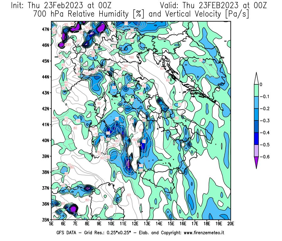 Mappa di analisi GFS - Umidità relativa [%] e Omega [Pa/s] a 700 hPa in Italia
							del 23/02/2023 00 <!--googleoff: index-->UTC<!--googleon: index-->