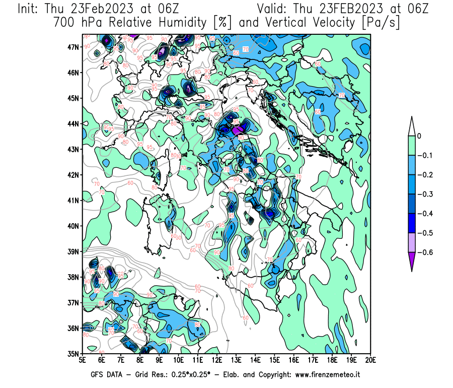 Mappa di analisi GFS - Umidità relativa [%] e Omega [Pa/s] a 700 hPa in Italia
							del 23/02/2023 06 <!--googleoff: index-->UTC<!--googleon: index-->
