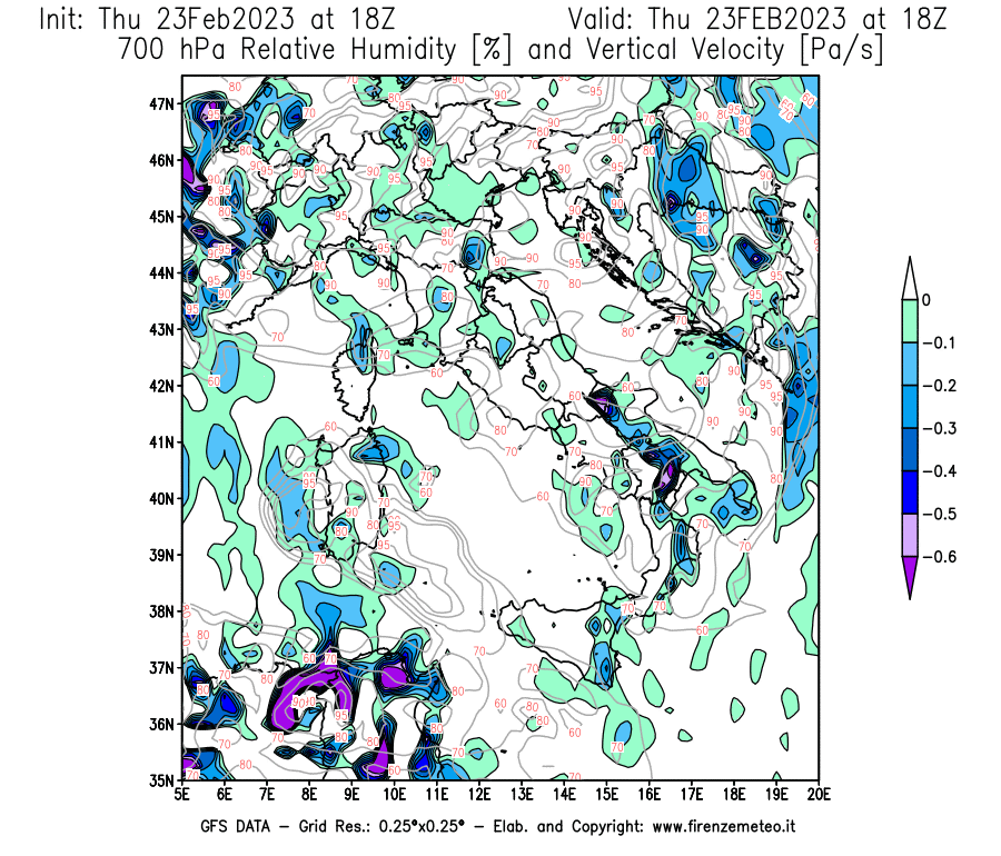 Mappa di analisi GFS - Umidità relativa [%] e Omega [Pa/s] a 700 hPa in Italia
							del 23/02/2023 18 <!--googleoff: index-->UTC<!--googleon: index-->