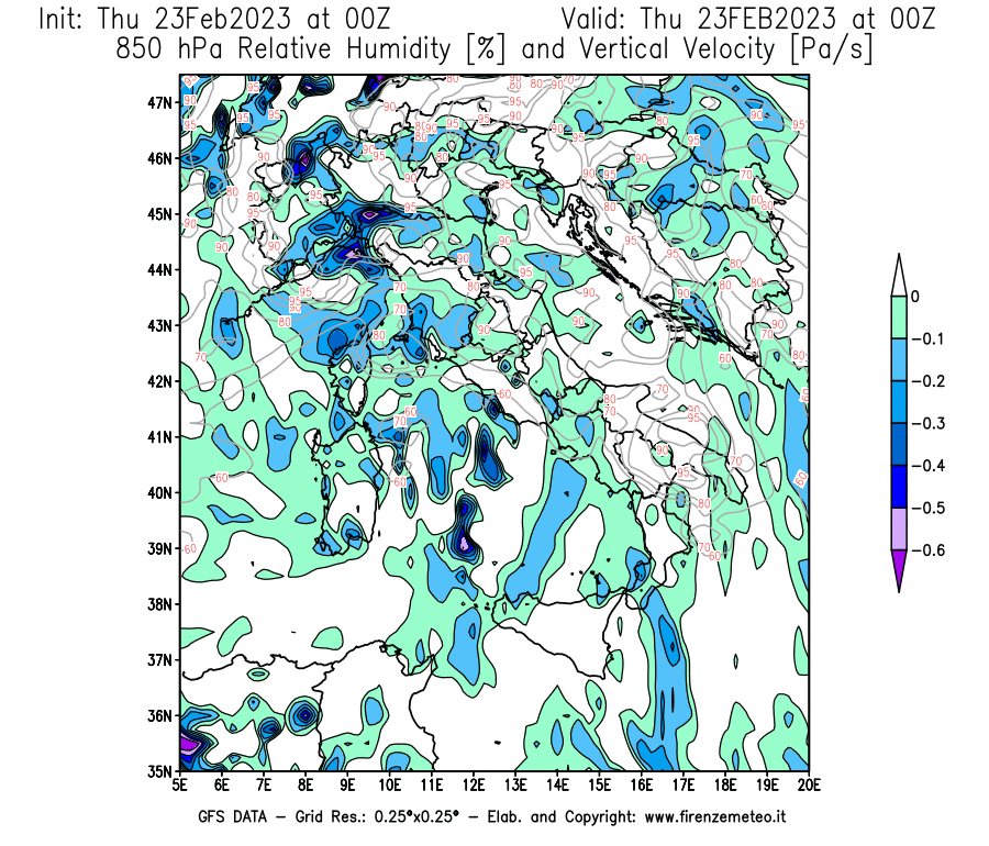 Mappa di analisi GFS - Umidità relativa [%] e Omega [Pa/s] a 850 hPa in Italia
							del 23/02/2023 00 <!--googleoff: index-->UTC<!--googleon: index-->