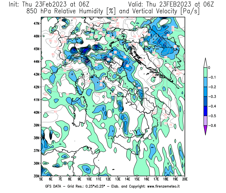 Mappa di analisi GFS - Umidità relativa [%] e Omega [Pa/s] a 850 hPa in Italia
							del 23/02/2023 06 <!--googleoff: index-->UTC<!--googleon: index-->