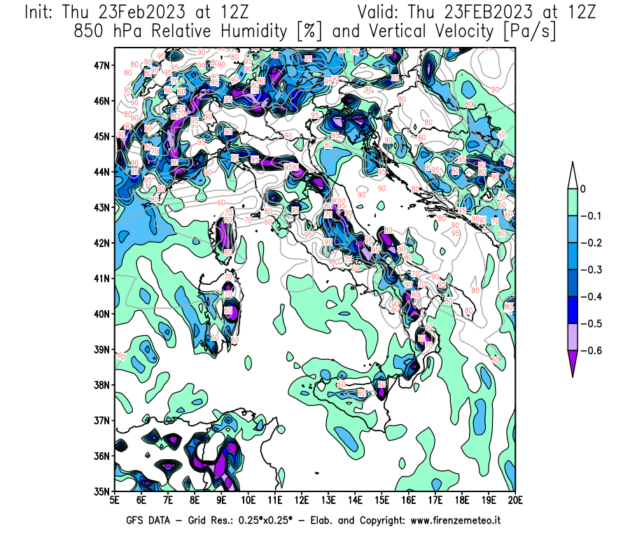 Mappa di analisi GFS - Umidità relativa [%] e Omega [Pa/s] a 850 hPa in Italia
							del 23/02/2023 12 <!--googleoff: index-->UTC<!--googleon: index-->