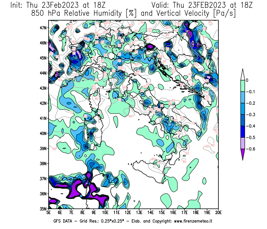 Mappa di analisi GFS - Umidità relativa [%] e Omega [Pa/s] a 850 hPa in Italia
							del 23/02/2023 18 <!--googleoff: index-->UTC<!--googleon: index-->