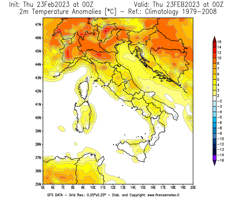 Mappa di analisi GFS - Anomalia Temperatura [°C] a 2 m in Italia
							del 23/02/2023 00 <!--googleoff: index-->UTC<!--googleon: index-->