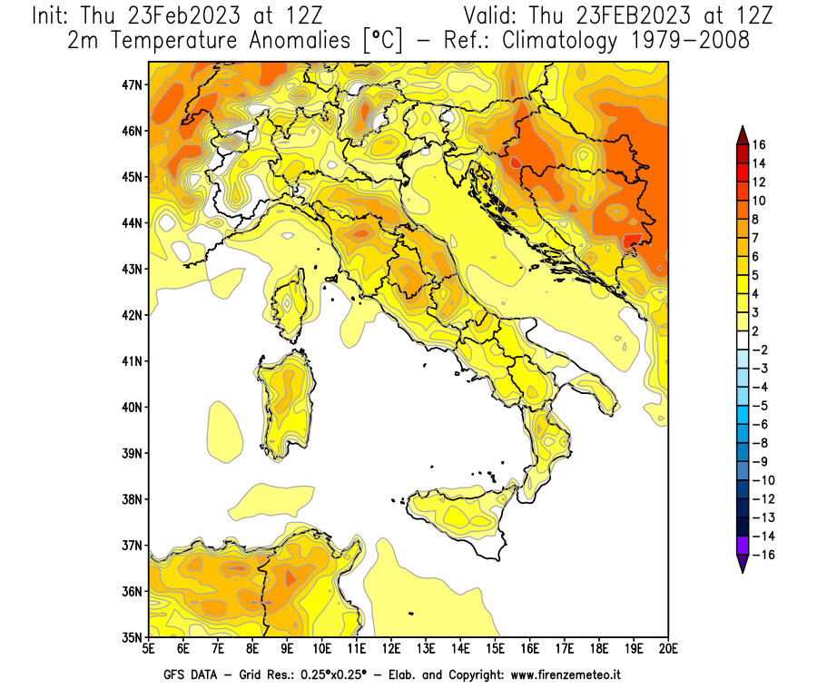 Mappa di analisi GFS - Anomalia Temperatura [°C] a 2 m in Italia
							del 23/02/2023 12 <!--googleoff: index-->UTC<!--googleon: index-->