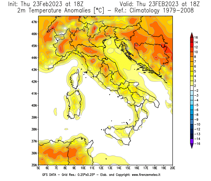 Mappa di analisi GFS - Anomalia Temperatura [°C] a 2 m in Italia
							del 23/02/2023 18 <!--googleoff: index-->UTC<!--googleon: index-->