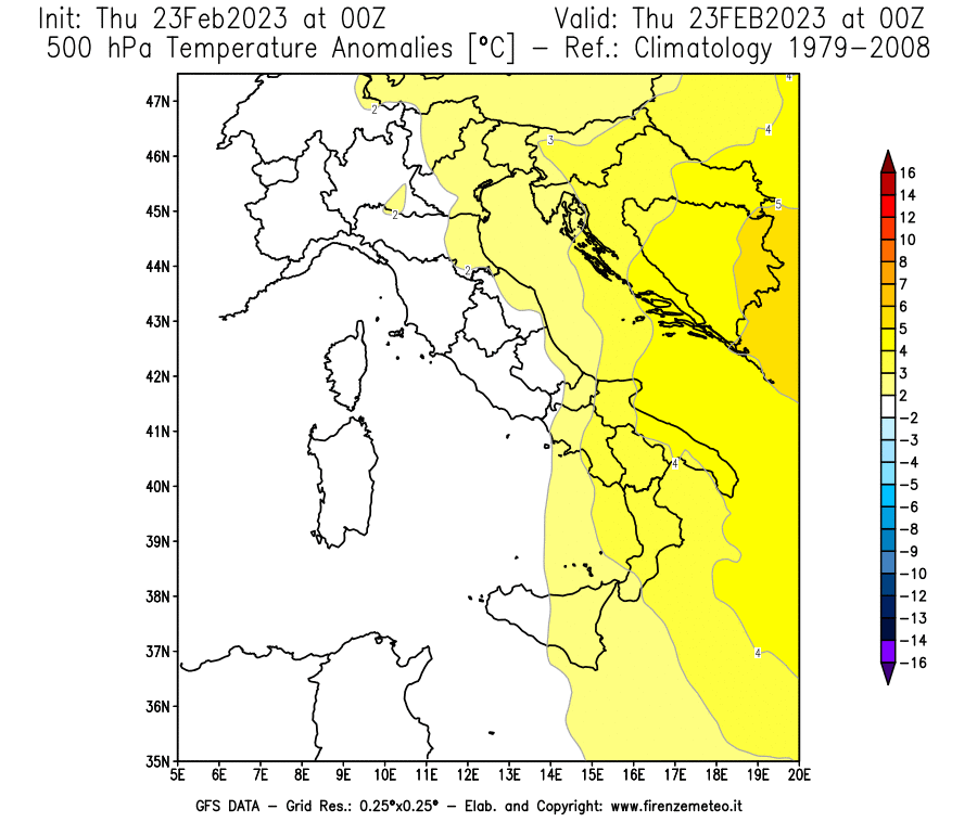 Mappa di analisi GFS - Anomalia Temperatura [°C] a 500 hPa in Italia
							del 23/02/2023 00 <!--googleoff: index-->UTC<!--googleon: index-->