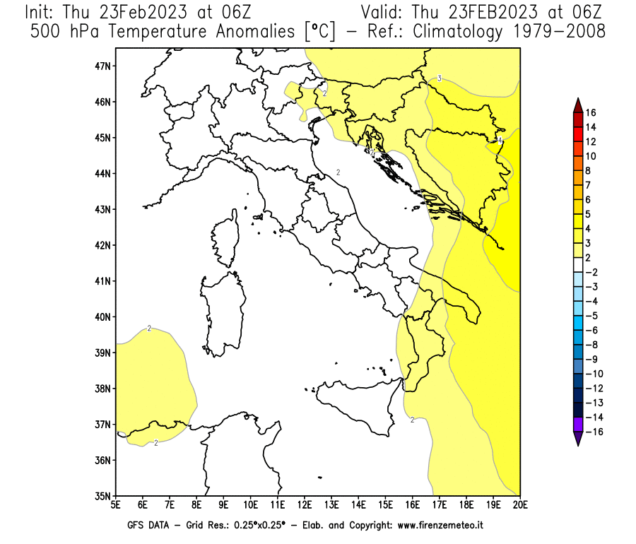 Mappa di analisi GFS - Anomalia Temperatura [°C] a 500 hPa in Italia
							del 23/02/2023 06 <!--googleoff: index-->UTC<!--googleon: index-->
