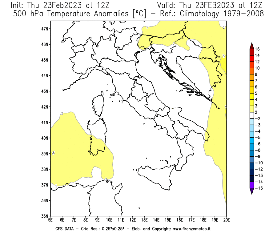 Mappa di analisi GFS - Anomalia Temperatura [°C] a 500 hPa in Italia
							del 23/02/2023 12 <!--googleoff: index-->UTC<!--googleon: index-->