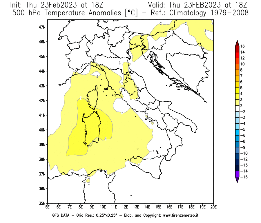 Mappa di analisi GFS - Anomalia Temperatura [°C] a 500 hPa in Italia
							del 23/02/2023 18 <!--googleoff: index-->UTC<!--googleon: index-->