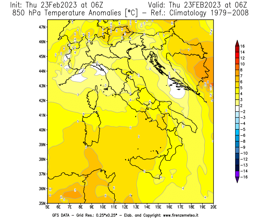 Mappa di analisi GFS - Anomalia Temperatura [°C] a 850 hPa in Italia
							del 23/02/2023 06 <!--googleoff: index-->UTC<!--googleon: index-->