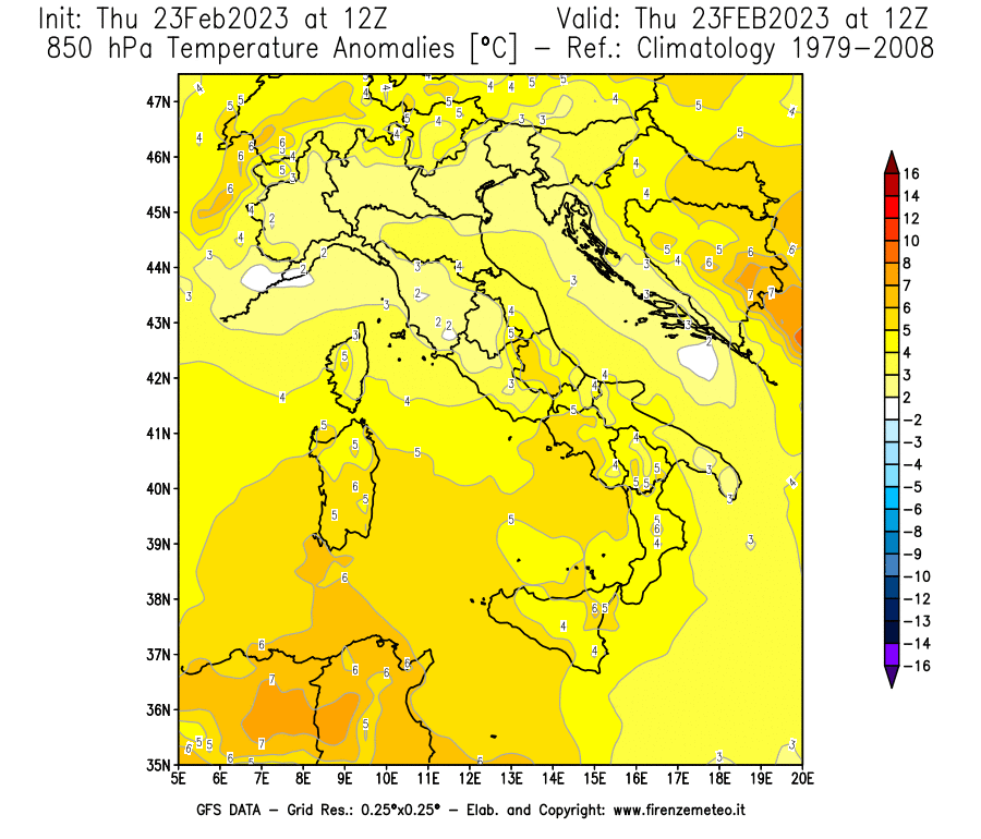 Mappa di analisi GFS - Anomalia Temperatura [°C] a 850 hPa in Italia
							del 23/02/2023 12 <!--googleoff: index-->UTC<!--googleon: index-->