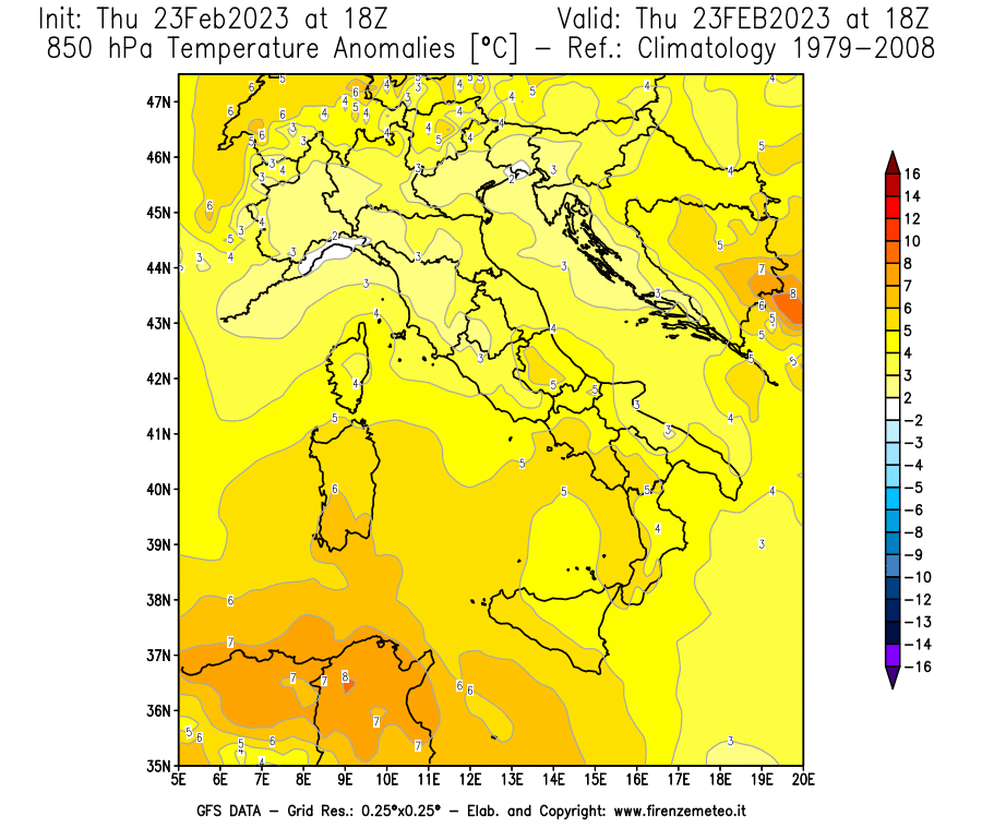 Mappa di analisi GFS - Anomalia Temperatura [°C] a 850 hPa in Italia
							del 23/02/2023 18 <!--googleoff: index-->UTC<!--googleon: index-->