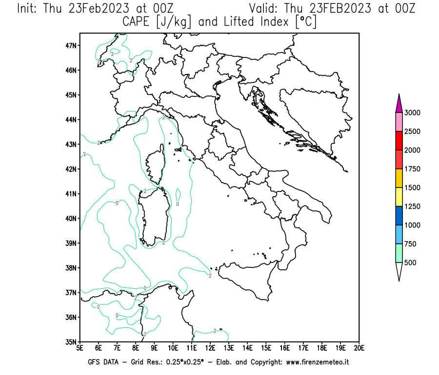 Mappa di analisi GFS - CAPE [J/kg] e Lifted Index [°C] in Italia
							del 23/02/2023 00 <!--googleoff: index-->UTC<!--googleon: index-->