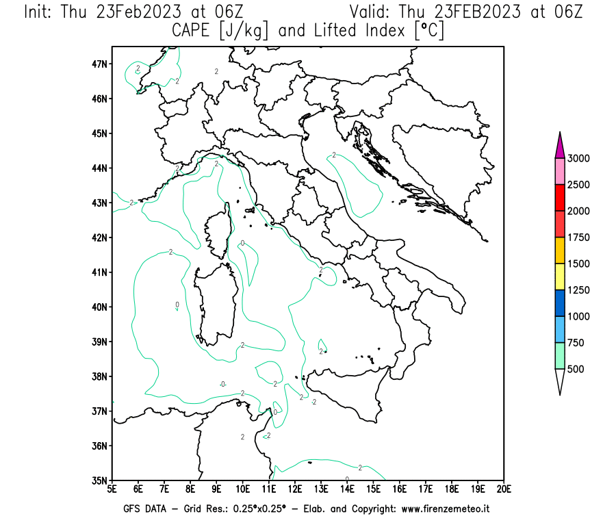 Mappa di analisi GFS - CAPE [J/kg] e Lifted Index [°C] in Italia
							del 23/02/2023 06 <!--googleoff: index-->UTC<!--googleon: index-->