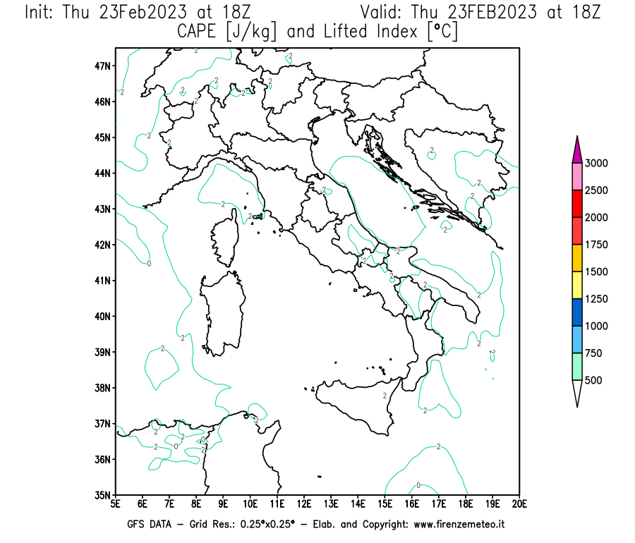 Mappa di analisi GFS - CAPE [J/kg] e Lifted Index [°C] in Italia
							del 23/02/2023 18 <!--googleoff: index-->UTC<!--googleon: index-->