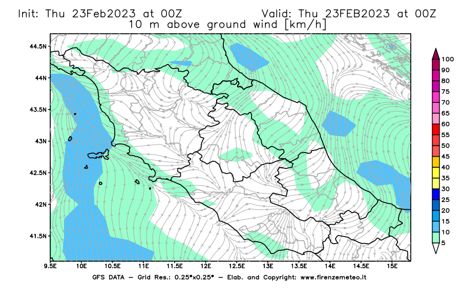 Mappa di analisi GFS - Velocità del vento a 10 metri dal suolo [km/h] in Centro-Italia
							del 23/02/2023 00 <!--googleoff: index-->UTC<!--googleon: index-->