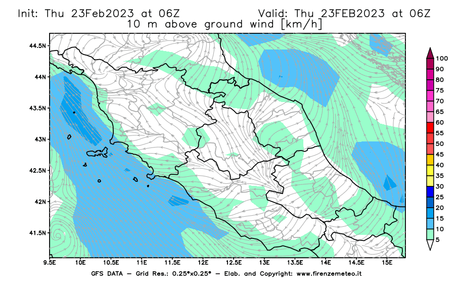 Mappa di analisi GFS - Velocità del vento a 10 metri dal suolo [km/h] in Centro-Italia
							del 23/02/2023 06 <!--googleoff: index-->UTC<!--googleon: index-->