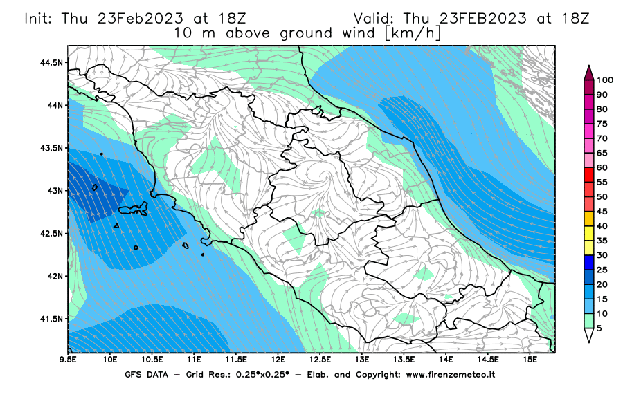 Mappa di analisi GFS - Velocità del vento a 10 metri dal suolo [km/h] in Centro-Italia
							del 23/02/2023 18 <!--googleoff: index-->UTC<!--googleon: index-->
