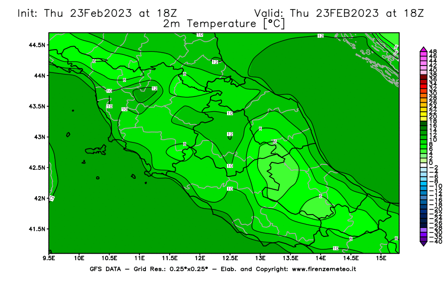 Mappa di analisi GFS - Temperatura a 2 metri dal suolo [°C] in Centro-Italia
							del 23/02/2023 18 <!--googleoff: index-->UTC<!--googleon: index-->