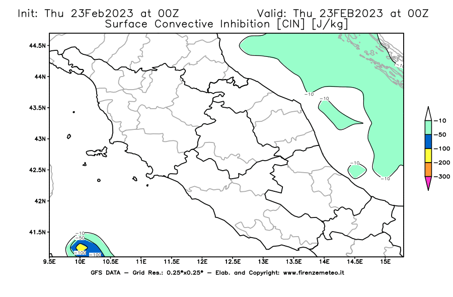 Mappa di analisi GFS - CIN [J/kg] in Centro-Italia
							del 23/02/2023 00 <!--googleoff: index-->UTC<!--googleon: index-->