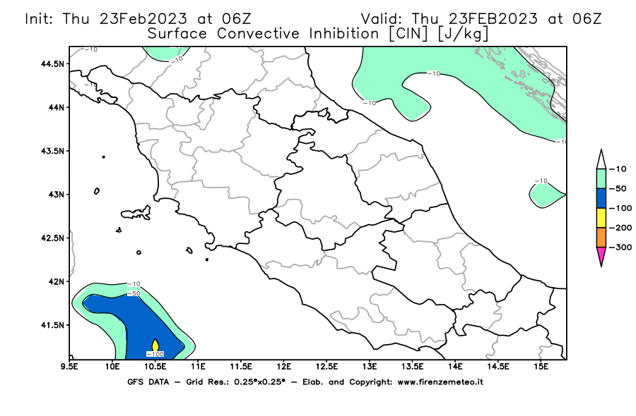 Mappa di analisi GFS - CIN [J/kg] in Centro-Italia
							del 23/02/2023 06 <!--googleoff: index-->UTC<!--googleon: index-->