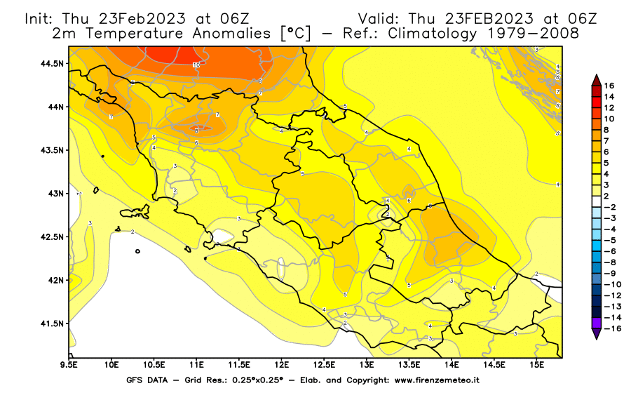 Mappa di analisi GFS - Anomalia Temperatura [°C] a 2 m in Centro-Italia
							del 23/02/2023 06 <!--googleoff: index-->UTC<!--googleon: index-->