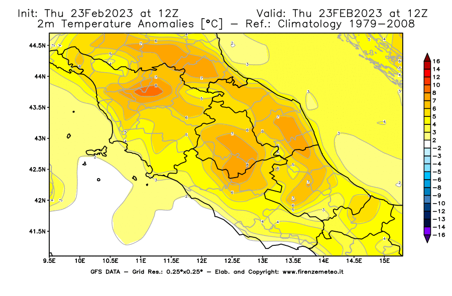 Mappa di analisi GFS - Anomalia Temperatura [°C] a 2 m in Centro-Italia
							del 23/02/2023 12 <!--googleoff: index-->UTC<!--googleon: index-->